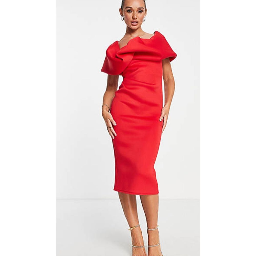 ASOS DESIGN one shoulder bubble detail midi pencil dress in red 10